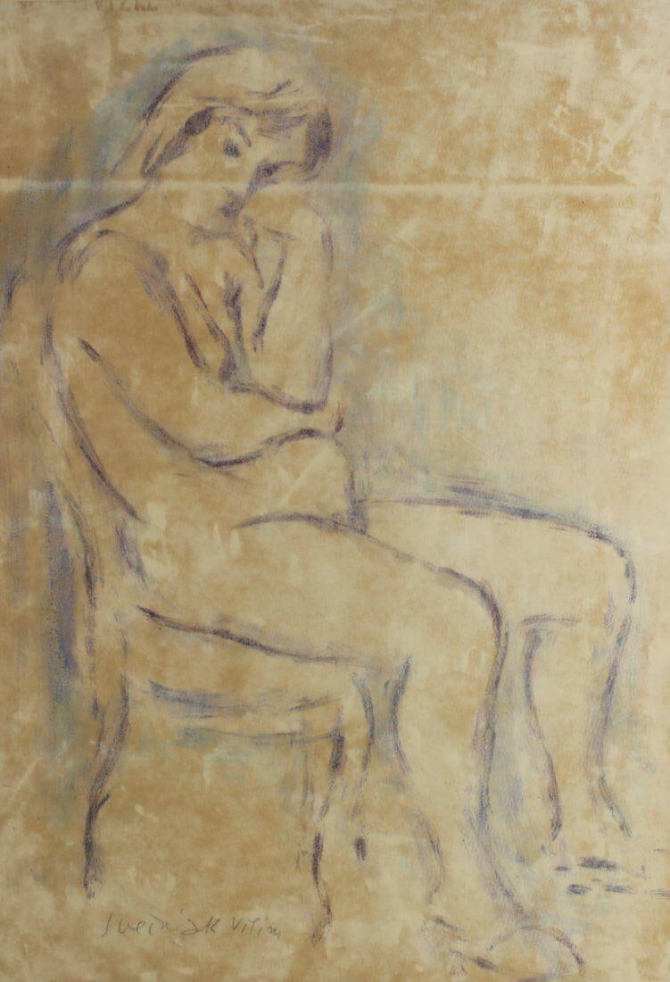 Vilim Svecnajk Croatian 1906 - 1993 Crayon drawing on paper Seated nude woman,: Vilim Sve?njak (Croatian, 1906 - 1993) Crayon drawing on paper. Seated nude woman, head resting on arm. Signed in pencil, lower left. 4.5lbs Born July 12, 1906 in Zagreb. In 1908 the family moved to ?