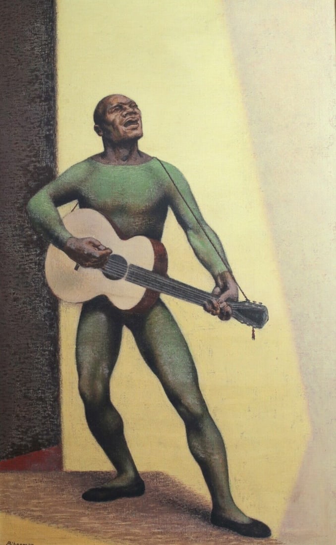 Edward Biberman 1904 - 1986 Oil Painting on canvas black man with guitar: Edward Biberman (1904 - 1986) Oil Painting on canvas, a figure of a black man singing and playing guitar. Signed lower left "Biberman". Wood frame. 9llb Measurements: Approx. 20 inches x 32 inches / F