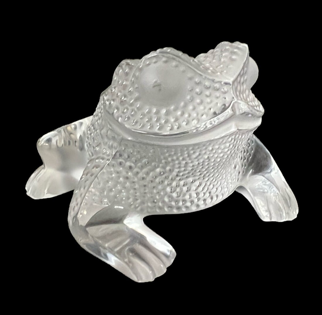 Lalique Gregoire Crystal Frog figurine paperweight: Lalique Gregoire Art Glass Crystal Frog figurine paperweight. Raised bumps on whimsical figure. Makers mark on underside. 2lb Measurements: Approx. 4.5 x 4.25 x 3 inches Condition: Good condition, sma