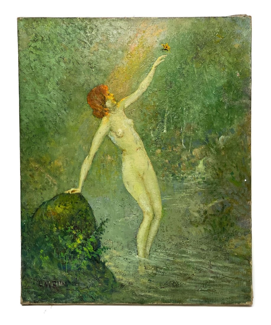 Henry Mortikar Rosenberg (US 1858-1947) Oil on Canvas "Greeting of Morn" c1930: Henry Mortikar Rosenberg (US 1858-1947) oil on canvas "Greeting of Morn" circa 1930. The painting depicts a nude beauty leaning on a moss covered rock in the woods and reaching out to a yellow butterf