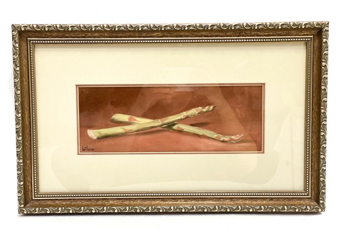 Bert Beirne (US1939) Oil on Board or Panel Painting, Asparagus. Signed: Bert Beirne (American 1939) Oil on Board or Panel, Asparagus, Signed. The painting depicts two pieces of asparagus against a rust red backdrop. Signed to the lower left. In a silvered and gilt wood gl