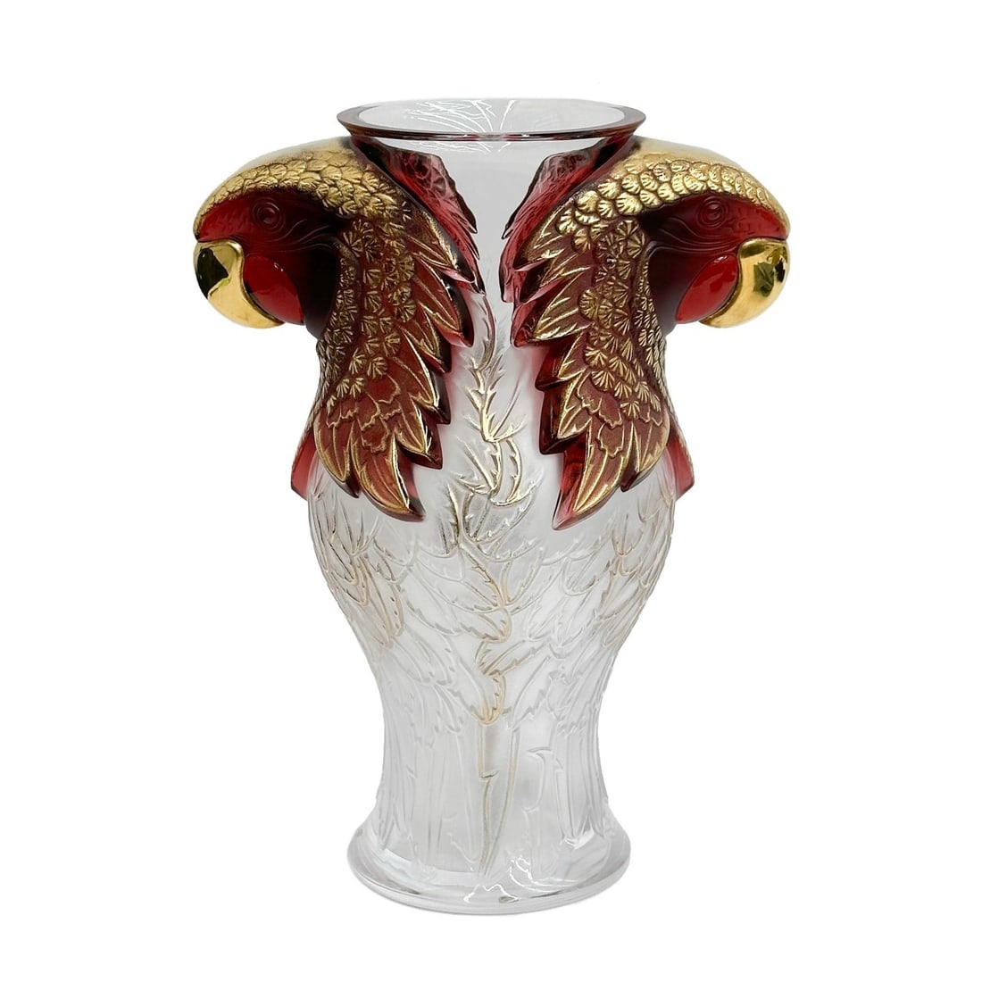 Lalique Glass Red Gold Macaw Vase " Macao Rouge Emaille Or " Ltd Edition of 9: Lalique France crystal glass vase, "Macao" in Rouge émail Or. Red glass twin macaw parrot's heads handles, enamel and gilt accents. Signed to the underside Lalique France 02, from a known edition of 