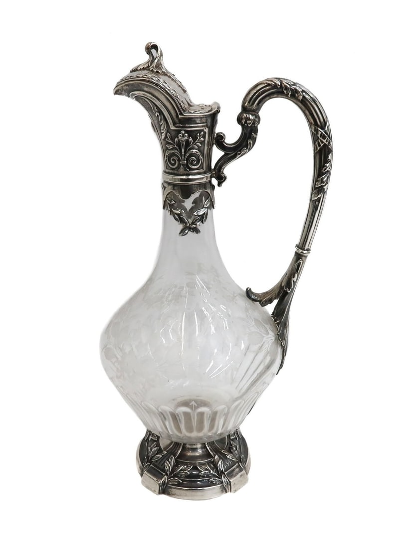 French 950 Silver Mounted Floral Etched Glass Footed Ewer circa 1900 (1 of 11)