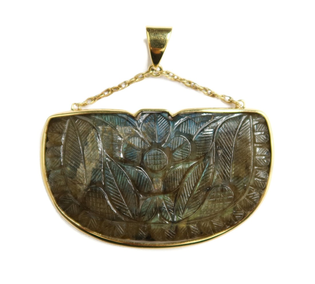 14k Yellow Gold Natural Labrodite Carved Floral Necklace Pendant GIA (1 of 11)