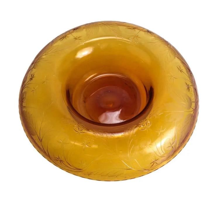 Large Bohemian Amber Art Glass Centerpiece Bowl, circa 1910. Etched Florals: A stunning large Bohemian amber art glass centerpiece bowl, circa 1910 . Beautiful etched floral leaves around the rim of the bowl. Weight: Approx. 5 lbs Measurements: Approx. 15.5 inches diameter Con