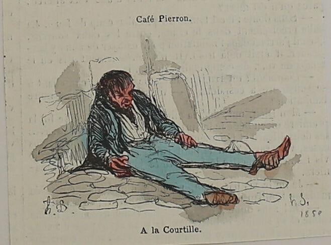 Honore Daumier France 1808-1879 Hand colored woodcut print A la Courtille: " Cafe Pierron - A la Courtille.", Hand colored wood cut on paper. Initialed 'h.D.' in plate. Pencil marks on lower right. 'GL' stamp on lower right of mat. Printing en verso. Acquired from the estate