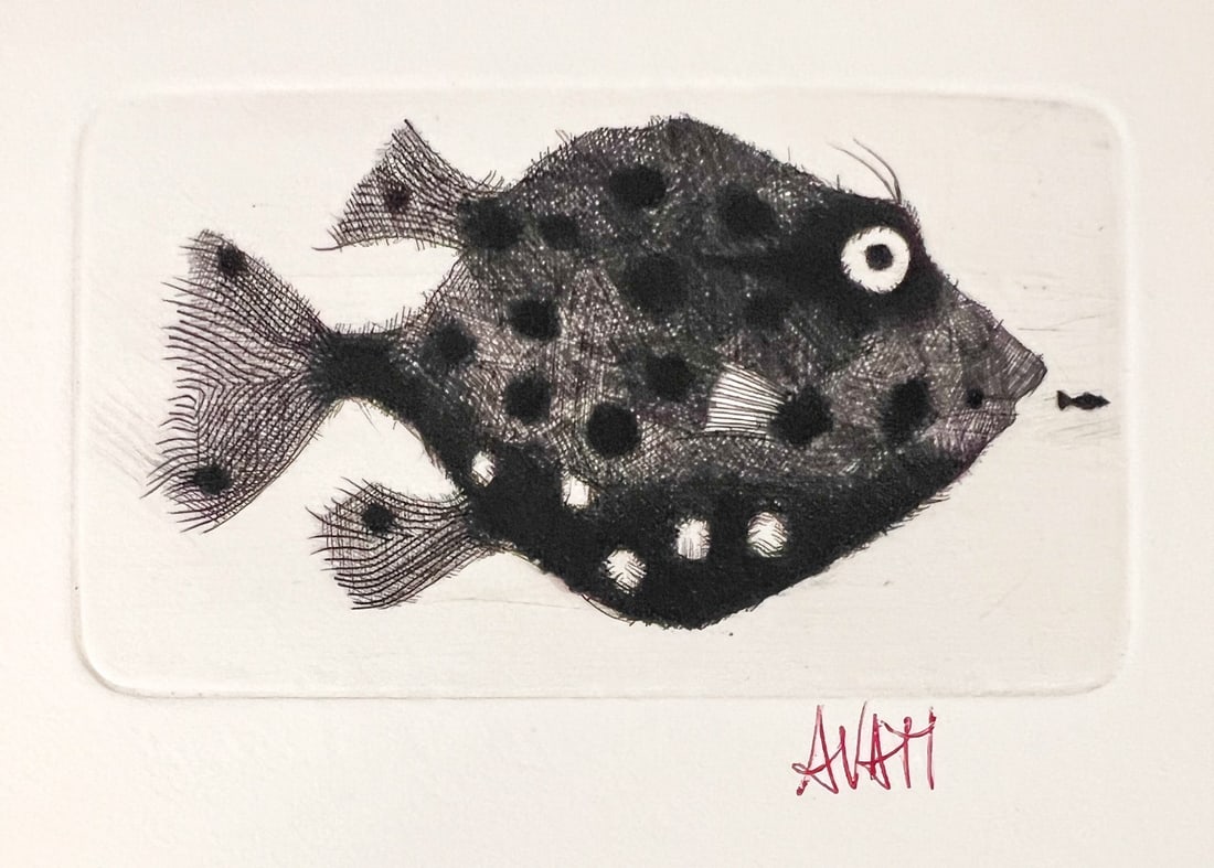 Vintage Mario Avati Modernist Mezzotint greeting card Fish 1965 (1 of 6)