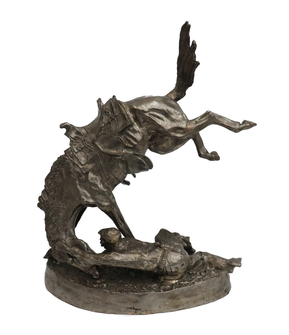 After Frederic Remington Silvered Patina Non Silver Alloy Sculpture Wicked Pony: After Frederic Remington (American 19th Century) silvered patina non silver alloy sculpture, Wicked Pony. The sculpture depicts a man on a ground clinging onto an unruly horse. Weight: Approx. 50 lbs 