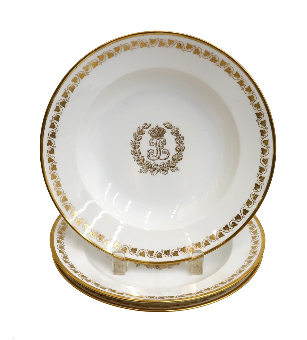 3 Manufacture de Sevres Porcelain Rimmed Soup Bowls: 3 Manufacture de Sevres porcelain rimmed soup bowls, Service of Louis Phillipe (Service des Princes). Gold ivy leaf vines to rim with Louis Phillipe "L" emblem to center. Manufacture de Sevres mark to