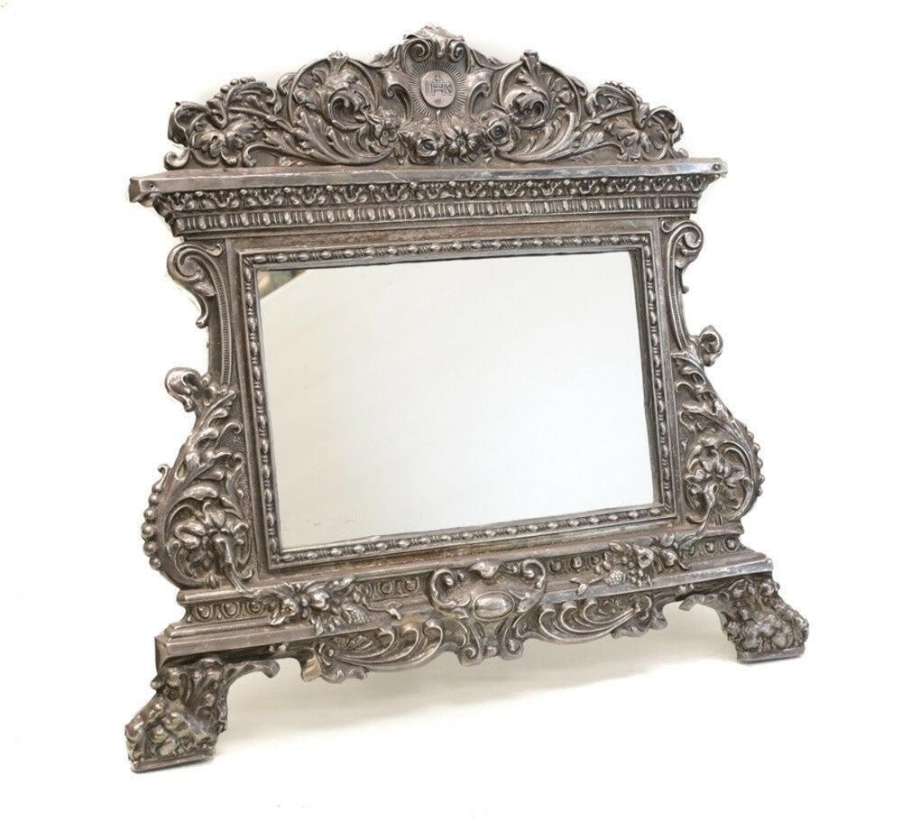Sterling Silver Repousse Footed Table Mirror Catholic IHS (1 of 5)