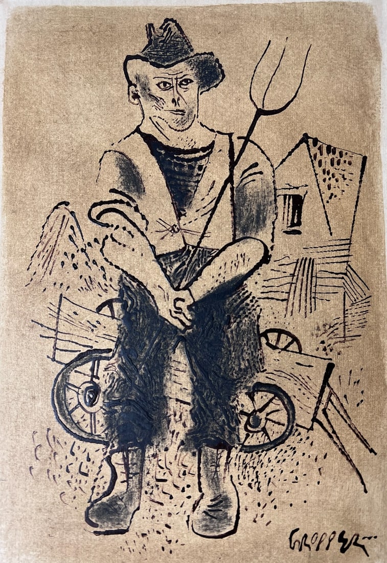 William Gropper American 1897 - 1977 Ink and Asphaltum Drawing c1950 Farmer: William Gropper (American 1897 - 1977), Ink and Asphaltum Drawing on paper, titled "Farmer", signed lower right. Notation on reverse of portfolio "…asphaltum and lithographic tusche ink on paper, ci