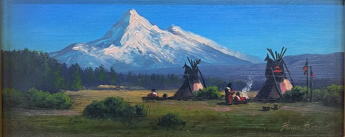 Heinie Hartwig Oil painting Landscape with encampment: Heinie Hartwig (California 1937-) Oil painting on board, native people encampment in a mountainous landscape, signed lower right (WSF) Measurements: Approx. board 9 x 4.125 inches; framed 13.5 x 8.5 i