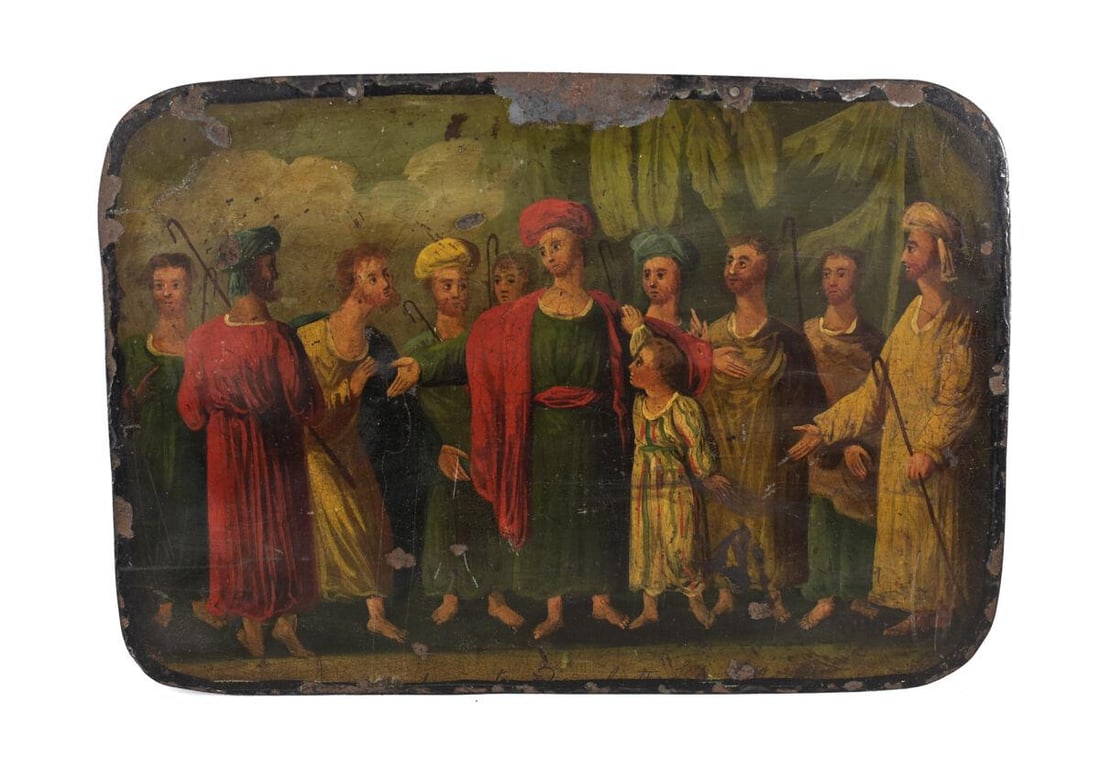 Continental hand painted Enamel on Metal, OT, Joseph and brothers 18th century: Continental Hand Painted enamel on Metal or tin, Old Testament scene, Joseph and his brothers, Genesis Chapter 37. 18th century. Some script at the bottom edge, indistinct. 1lb Measurements: Approx. 1