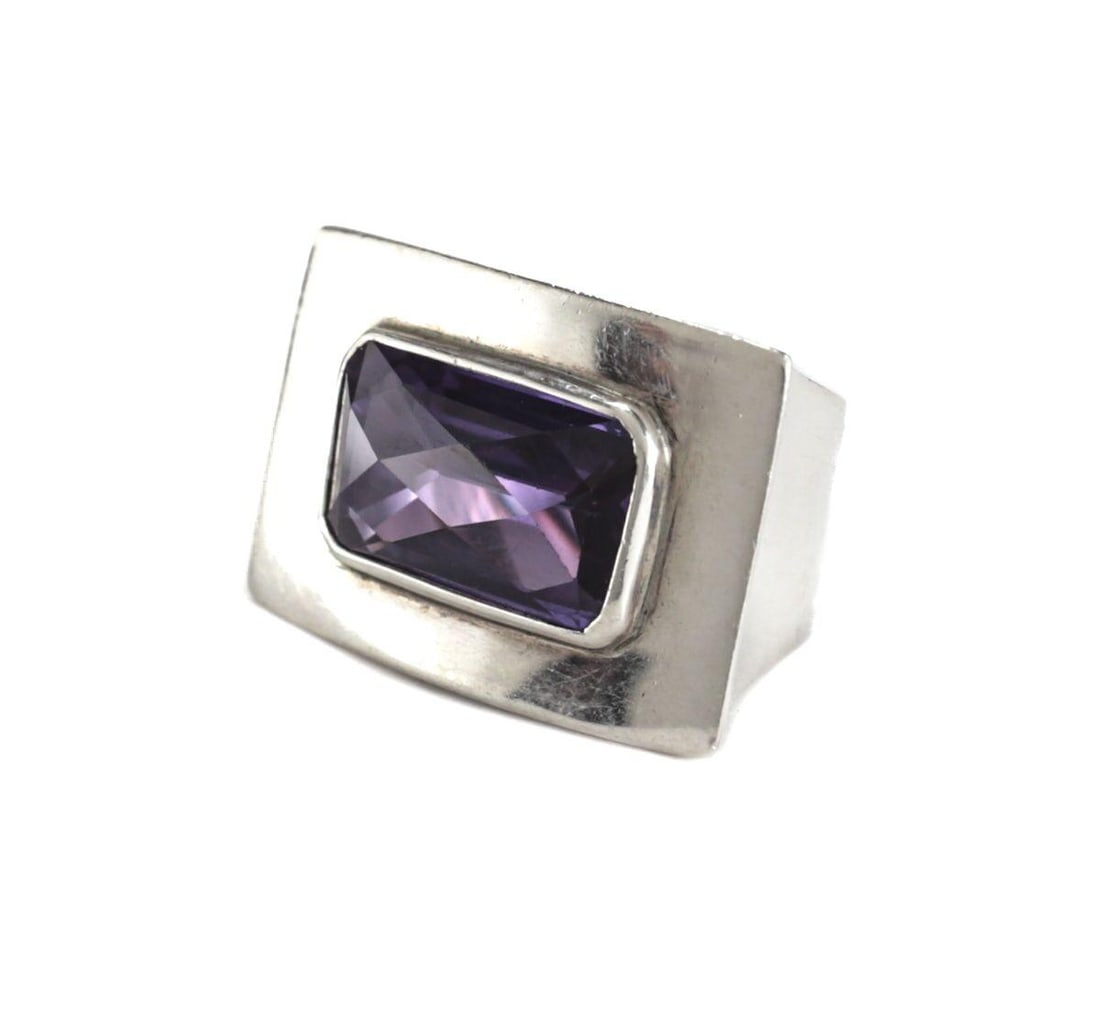 LARGE Vtg Amethyst Sterling Silver Modernist Statement Ring size 6.75 Faceted (1 of 7)