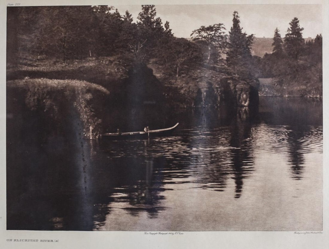 Edward S Curtis American 1868-1952 Photogravure Klickitat River Photograph: Curtis, Edward S. (American 1868-1952) Photogravure "On Klickitat river (a)" Plate 289, Portfolio 8 © 1910. photogravure by John Andrew and Son. Edward Curtis employed an unusually wide variety of ph