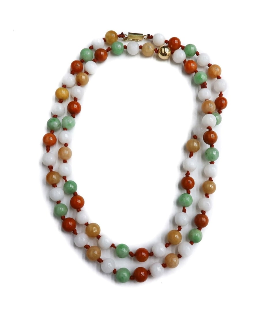 14k Yellow Gold and Multi-Colored Beaded Jade Necklace: 14k Yellow Gold and Multi-Colored Beaded Jade Necklace. Multi-colored white, brown, green, and yellow jade beads measuring 9.1mm. Marked "14k" to clasp. Weight: Approx. 81.22 grams Measurements: Appro