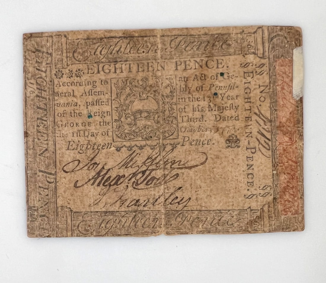 Pennsylvania Eighteen Pence Colonial Currency October 1, 1773 (1 of 2)