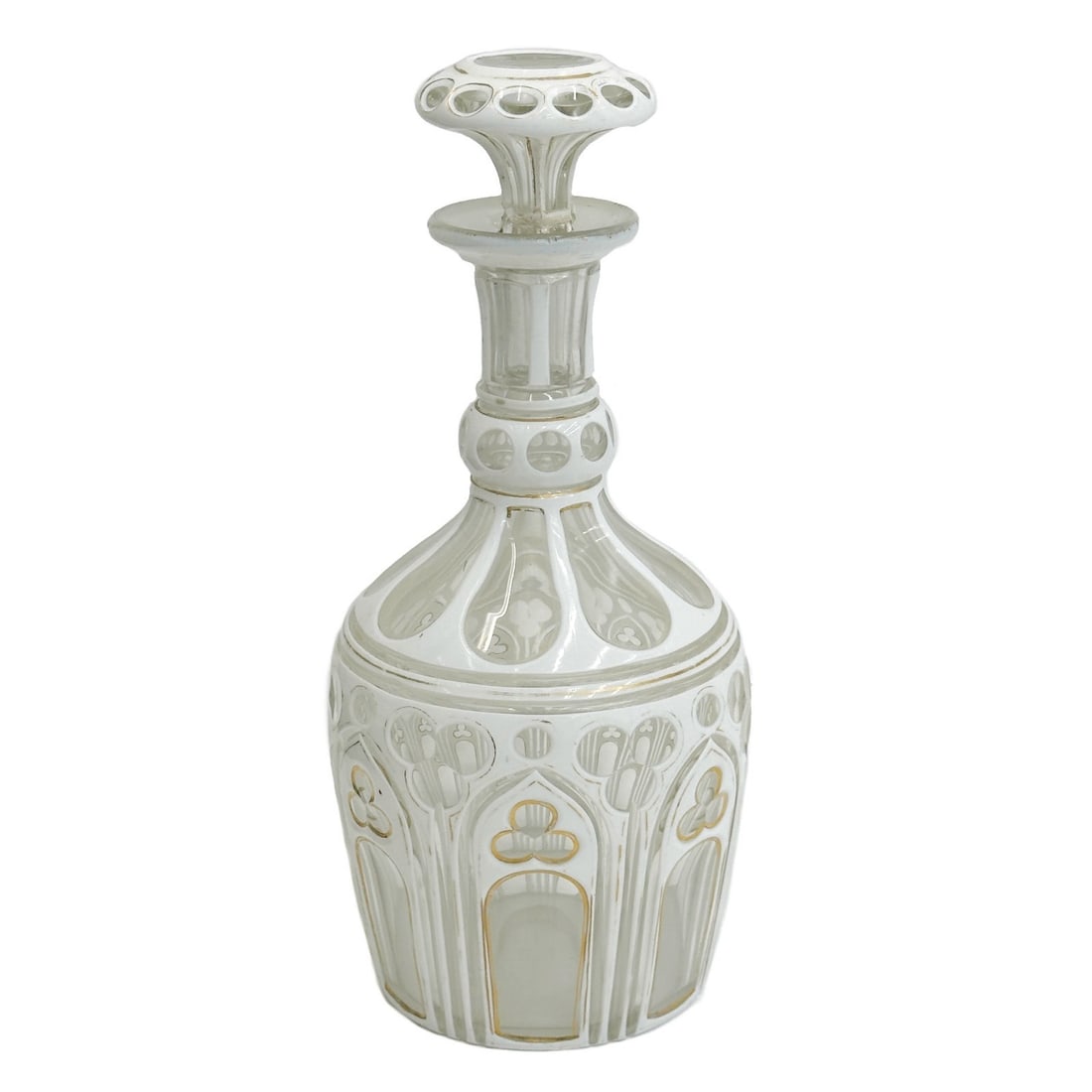 Bohemian White Cut to Clear and Gilt Glass Decanter 19th century: Bohemian White Cut to Clear and Gilt Glass Decanter, 19th century. Gilt accents. Apparently unmarked. Weight: Approx. 2 lb Measurements: Approx. 4.75 inches diameter x 10.5 inches tall with stopper Co