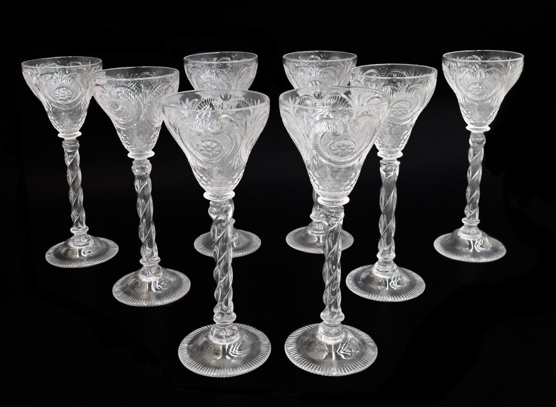 8 Carder Steuben Engraved Glass Wine Goblets in #6126 Twisted Stems (1 of 5)