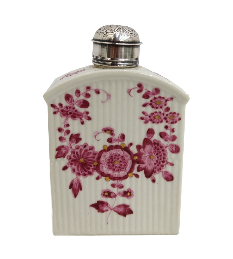 Zurich Porcelain Factory Silver Plate Hand Painted Floral Tea Caddy 18th Century: Zurich Porcelain Factory floral tea caddy, 18th Century. Ribbed textured porcelain with hand painted pink flowers throughout. Silver plate cap. Zurich Porcelain mark to underside. Weight: Approx. 1 lb