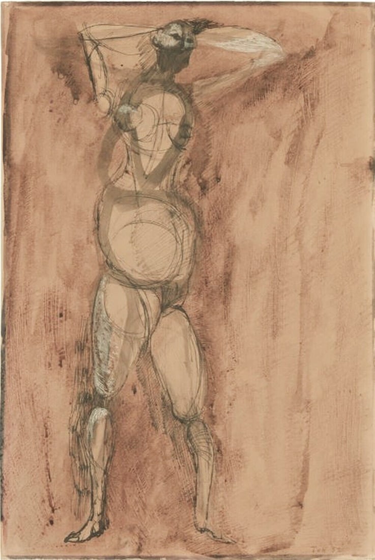 Toti Scialoja Mixed Media Drawing Nude Figure 1952: Toti Scialoja (1914-1998) Mixed Media on paper laid to board, nude figure standing. Signed and dated lower right. Framed and glazed. (UPLB) Measurements: Approx. Sheet: 19.75in H x 13in W; frame 26.75