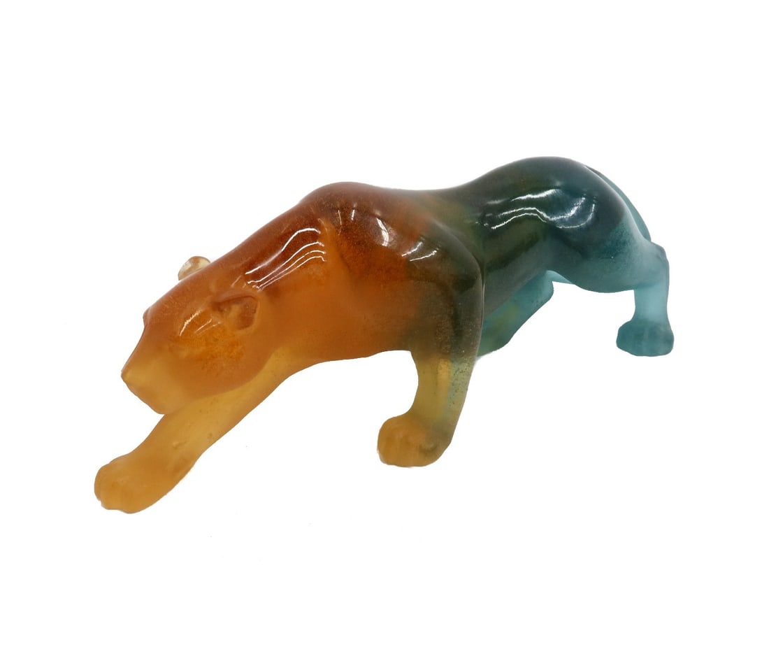 Daum France Amber to Teal Pate de Verre Glass Sculpture of a Panther Signed (1 of 7)