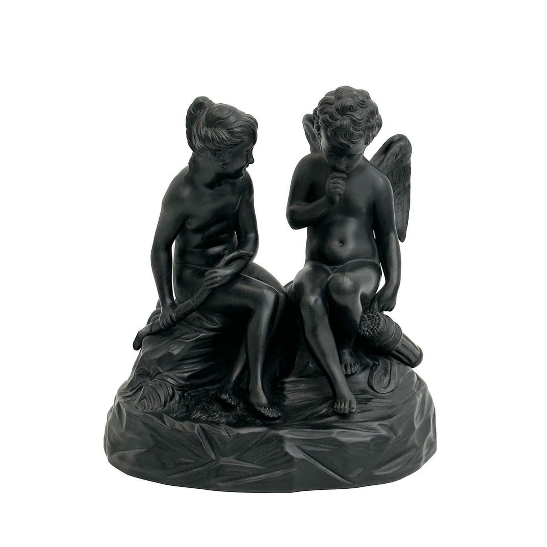 Wedgwood England Black Basalt Sculpture Cupid and Psyche early 20th cen: Wedgwood England Black Basalt Sculpture Cupid and Psyche, early 20th century. Figural group depicts cupid and psyche. Underside marked Cupid and Psyche, with impressed Wedgwood marks. Weight: Approx. 