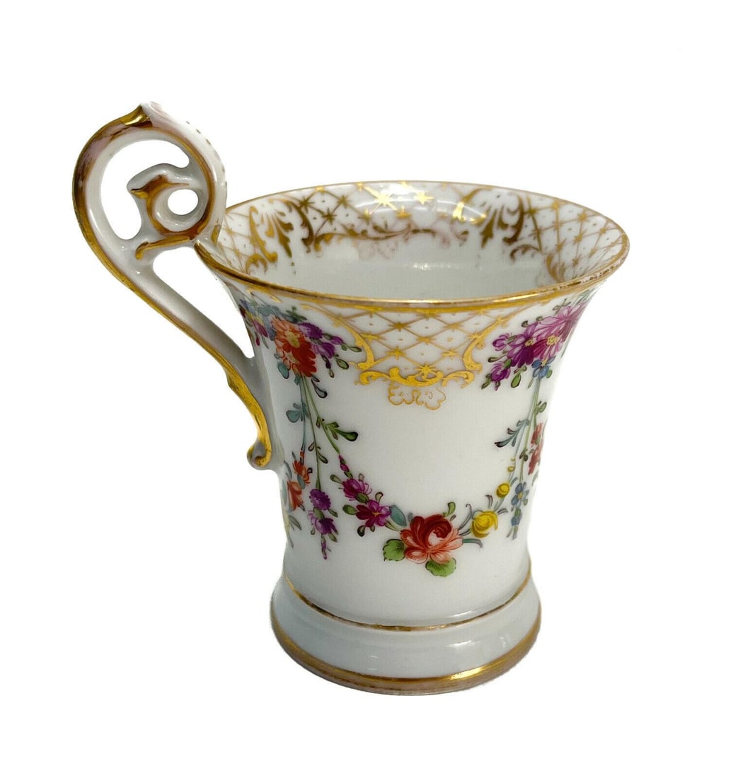 Dresden Ambrosius Lamm Porcelain Hand Painted Cup, circa 1920: Dresden Ambrosius Lamm porcelain cup, circa 1920. Hand painted floral swags throughout. Dresden Ambrosius Lamm mark to the underside. Weight: Approx. 0.5 lbs Measurements: Approx.3.25 inches diameter 