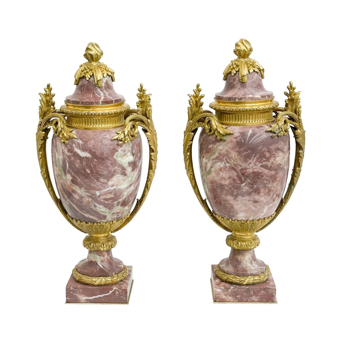 Pair French Rose Marble Gilt Bronze Mounted 19.5in Lidded Urns c1900 (1 of 9)