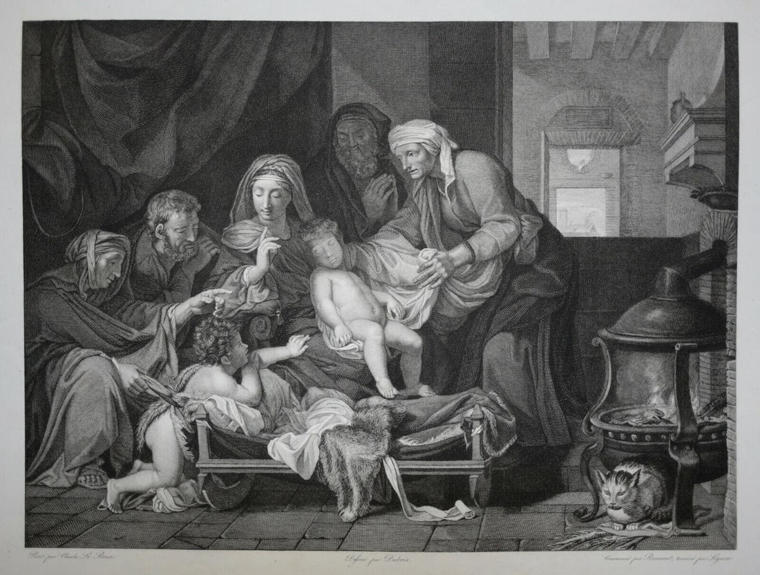 Early 19th Century Engraving and Etching Holy Family with the Adoration Le Brun: Engraving and Etching on paper, Holy Family with the Adoration of the Child, from the original by Charles Le Brun. Antoine Louis Romanet (French 1748-1810) and Etienne Frederic Lignon, Design by Duboi