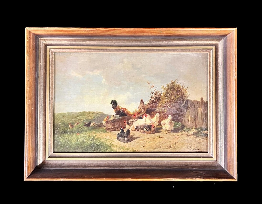 Theophile Victor Emile Lemmens OIl painting Chickens rustic landscape 19th c: Theophile-Victor-Emile Lemmens (France 1821 - 1867) Oil painting on wood panel, Chickens in an idylic rustic landscape. Signed lower right. Framed. 1.25lb (WSD) Measurements: Approx. Framed 13.25 x 9.