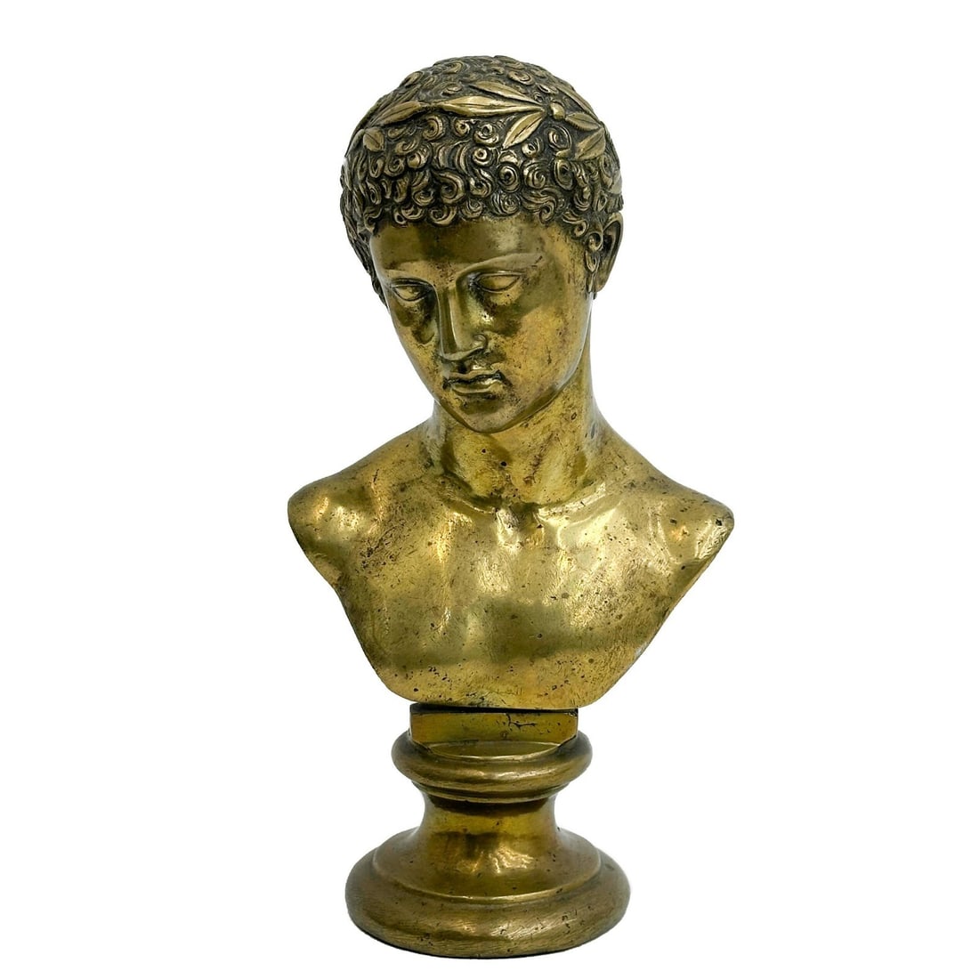 Italian Gilt Bronze Bust Sculpture Youth with Laurels Antinous 18th c Grand Tour: Italian Gilt Bronze Bust Sculpture of Antinous, 18th century Grand Tour. Bust depicts a young man with a laurel wreath. Apparently unmarked, felt to the underside. Weight: Approx. 2 lb Measurements: A