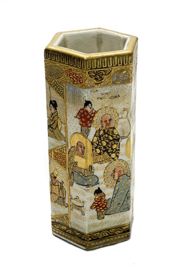 Japanese Satsuma Hand Painted Hexagonal Lobed Porcelain Vases, Meiji Period: Japanese Satsuma hand painted hexagonal lobed porcelain vases, Meiji Period. Hand painted Japanese figures throughout the exterior with rich gilt accents. Japanese Satsuma mark to the underside base. 
