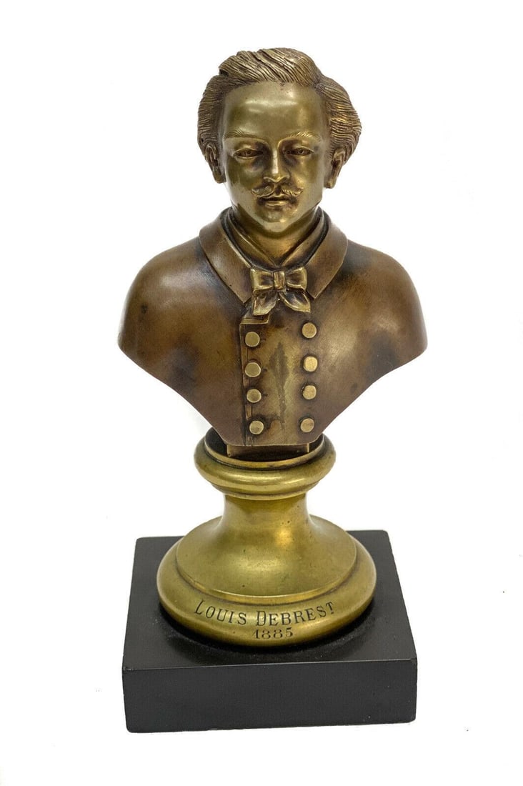 French Gilt Bronze Bust Sculpture of Louis Debrest by Fourniere, 19th Century: French gilt bronze bust sculpture of Louis Debrest by Fourniere, 19th Century. The sculpture depicts a mustached man wearing a chef coat. Inscribed "Louis Debrest 1885" to the front base and marked Fo