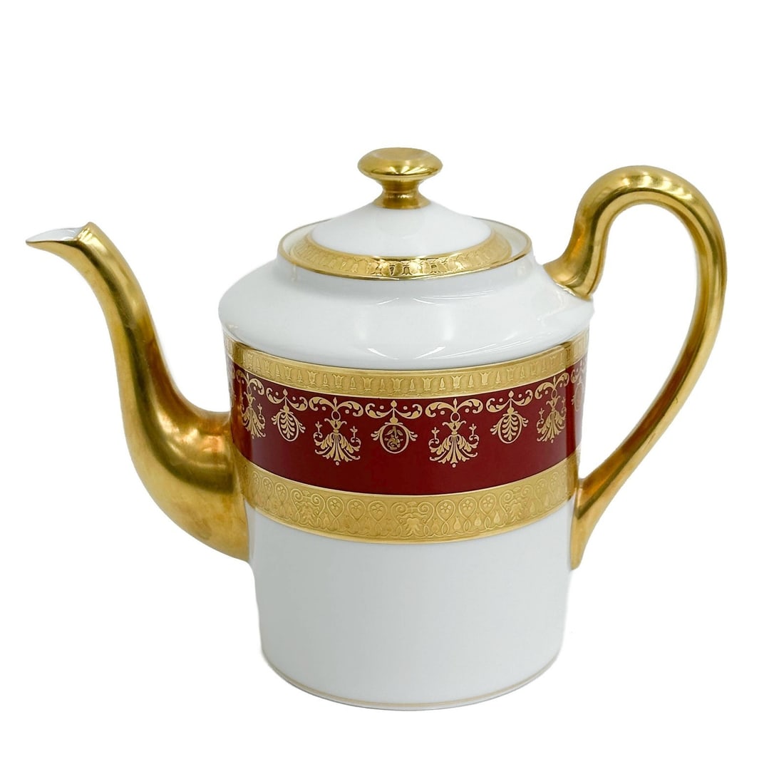 Raynaud Limoges France Gilt Porcelain Coffee Pot in Eugenie Rouge: Raynaud Limoges France Gilt Porcelain Coffee Pot in Eugenie Rouge. A burgundy red band with ornate gilt decoration, raised accents. Underside marked Raynaud Limoges "Eugenie"From the Prestige table co