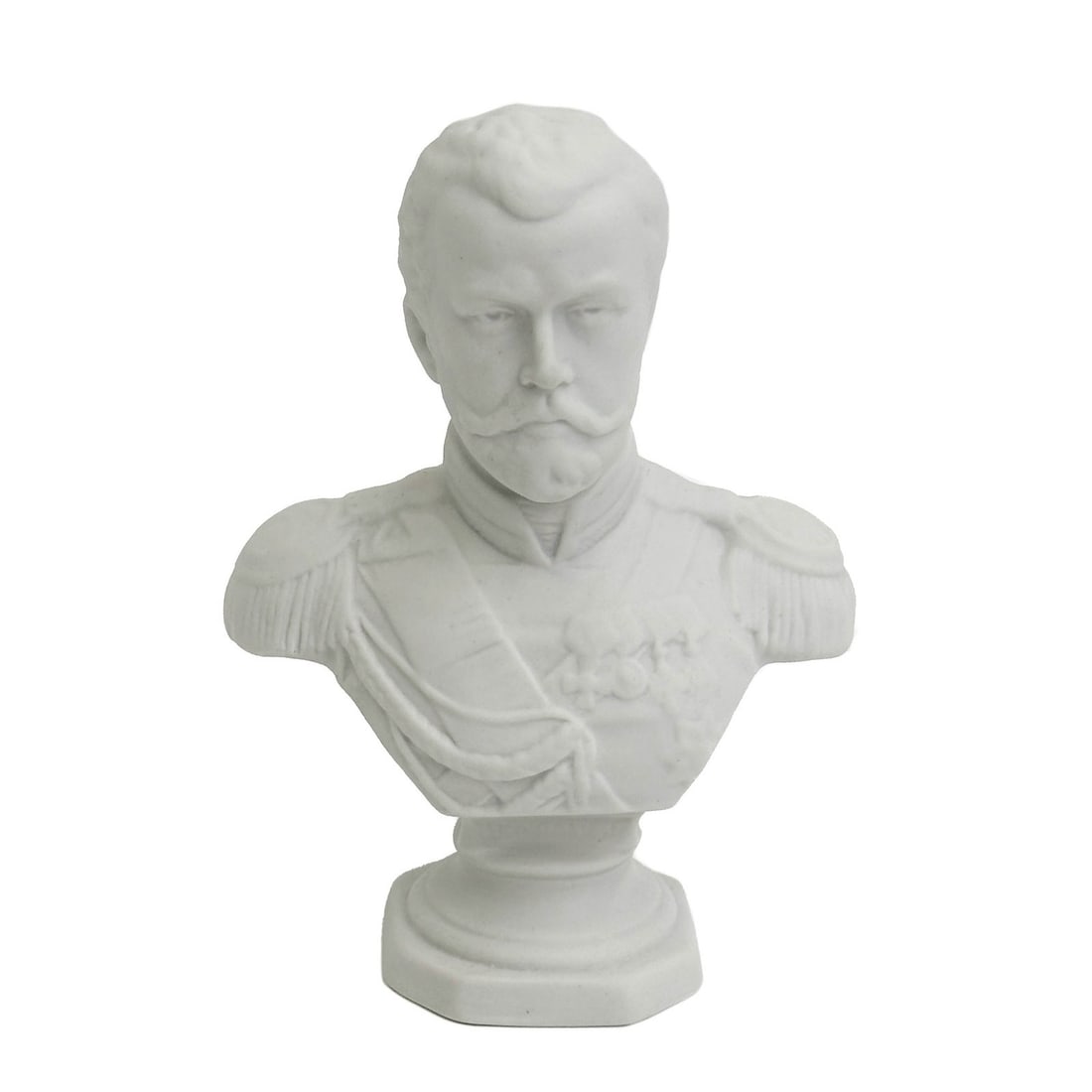 Continental Miniature Bisque Bust Tsar Nicholas II Romanov Emperor of Russia: Continental Bisque Porcelain Miniature Bust of Tsar Nicholas II Romanov Emperor of Russia, probably 2nd quarter 20th century. Weight: Approx. .5 lb Measurements: Approx. 4 inches x 2 inches x 5.5 inch