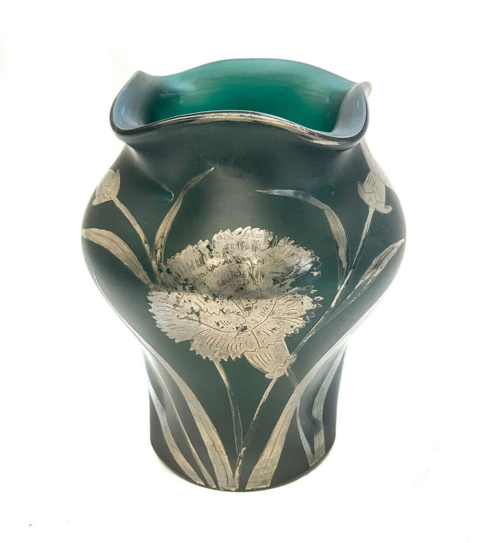 Tea Blue Art Glass Silver Overlay Ruffled Vase. Floral Accents (1 of 4)