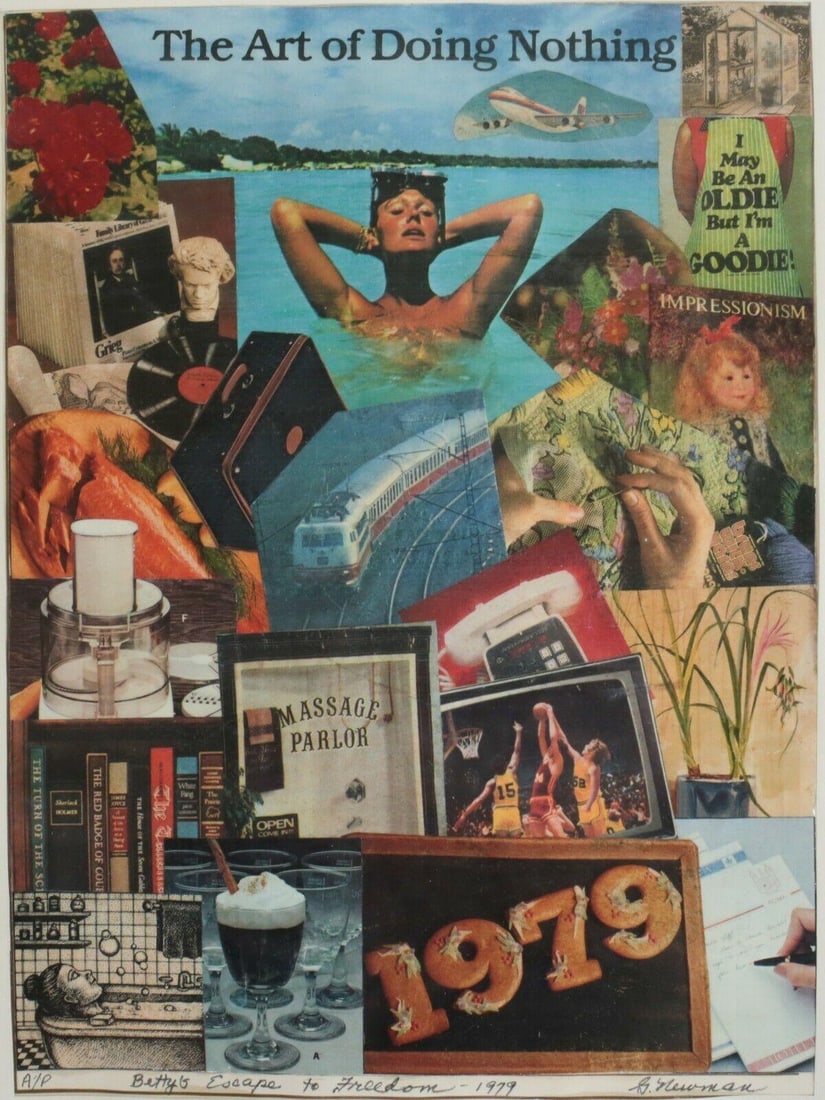 G. Newman Mixed Media Collage on paper "Betty's Escape to Freedom 1979": G. Newman, Mixed Media Collage on paper, signed G. Newman; titled "Betty's Escape to Freedom - 1979", "AP". Cut paper, gilt wood frame, glazed. 3.5lb (BF3) Measurements: Approx. Collage 8.75 x 11.75 i