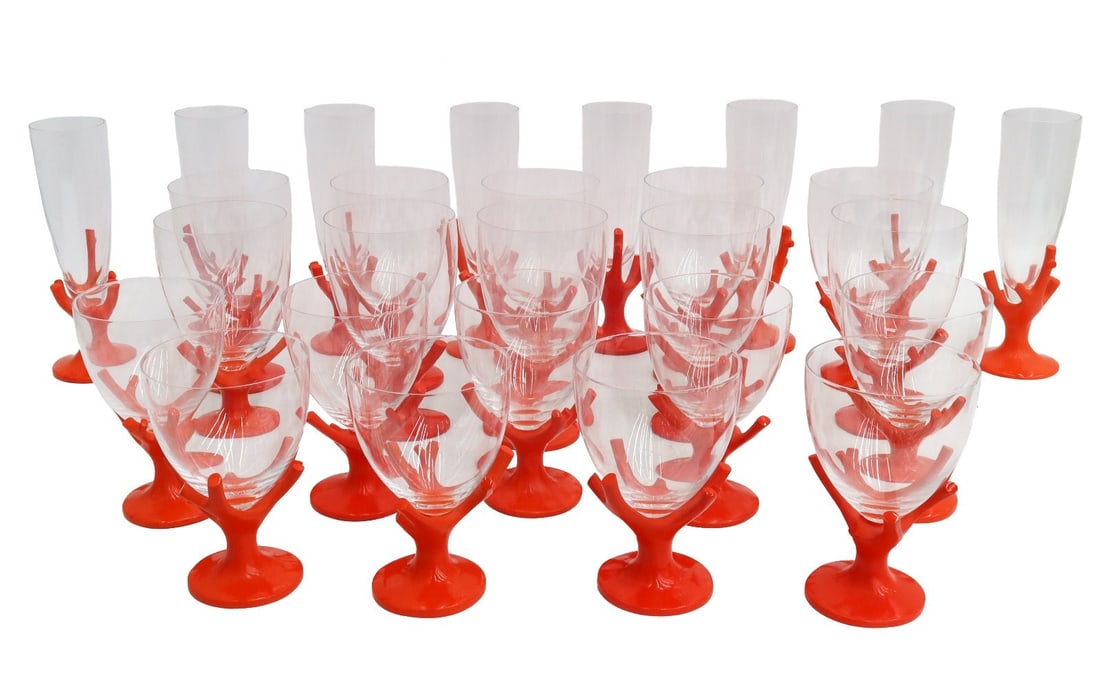 27 Piece Daum France Glass Drinking Service in Trapani Red Garouste Bonetti: 27 piece Daum France glass drinking service in Trapani Red. Designed by Elizabeth Garouste and Mattia Bonetti, depicts clear bowls and red coral glass stems. Marked Daum France and "BG" for Bonetti an