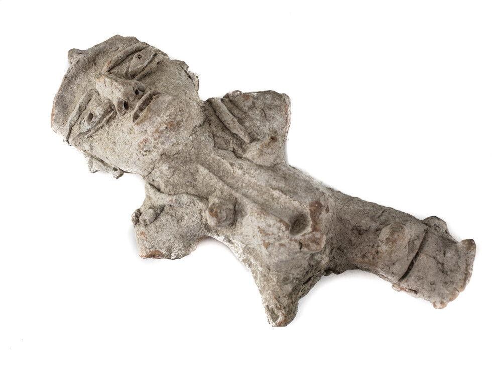 Pre-columbian pottery Tlatilco Standing Figure female. Slab form: Pre-columbian pottery, Tlatilco Standing Figure, female. Slab form. Large open protruding eyes, open mouth with suggested teeth, protruding belly and breasts. 5lbs This item has been examined by an ex