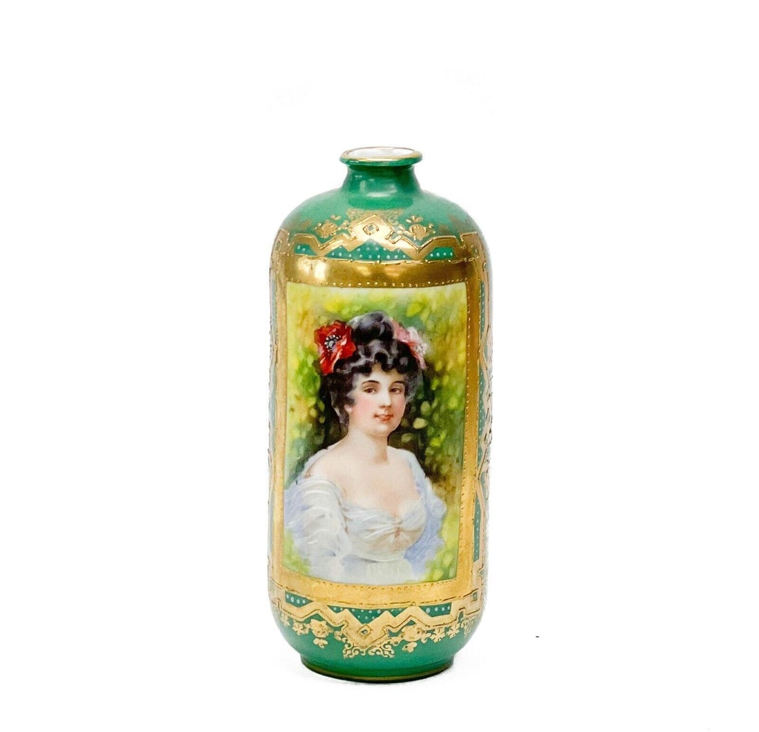 Royal Vienna Austria Porcelain Portrait Vase Urn Green & Gilt Decoration c. 1920: Royal Vienna Austria porcelain portrait vase, circa 1920. A green ground with raised gilt floral and greek key decoration, portrait of a woman to the center with hand decorated accents. Underside with