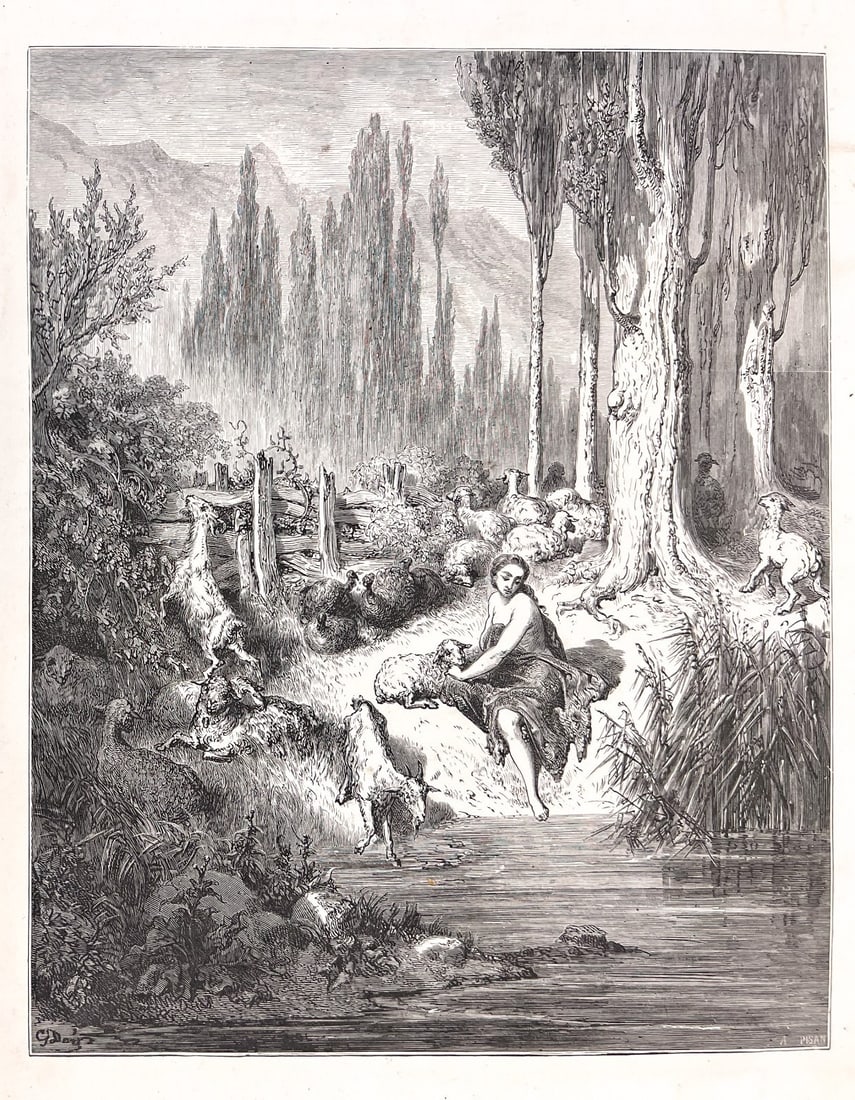Gustave Dore Wood engraving Peau d'Ane Donkey Skin 1880: Gustave Doré (1832–1883), Wood engraving on paper, Signed in plate, Dore on the lower left, Héliodore Pisan lower right. For the fairytale "Peau d'Âne" (Donkey Skin). Depicts the princess bathing