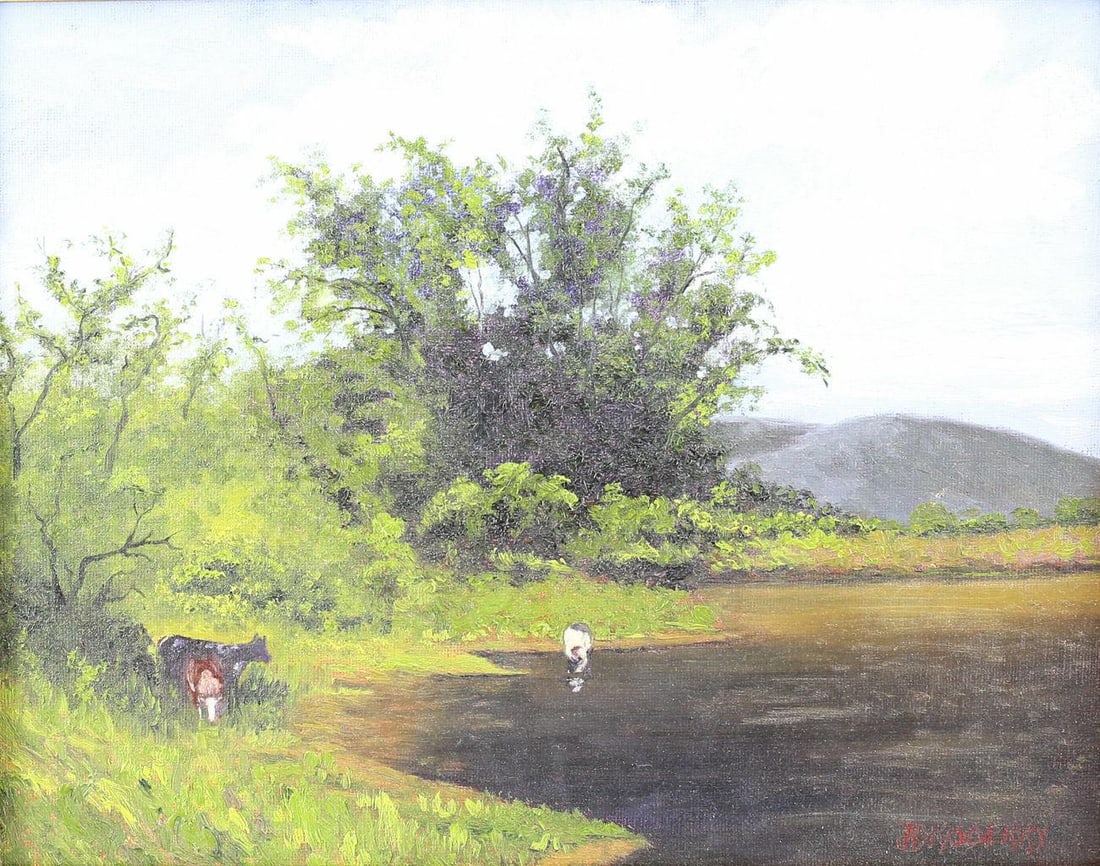Jesse Don Rasberry (American, 1940 Oil Painting of Cattle Approaching, Signed (1 of 5)