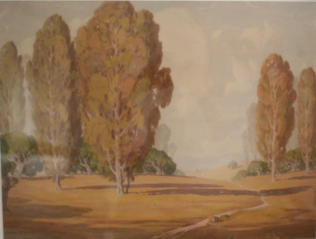 Charles L. A. Smith California 1871-1937 Watercolor painting Landscape near LA: Charles L. A. Smith (California 1871 - 1937) Watercolor painting on paper, Landscape with autumnal trees (likely near Los Angeles), Signed lower left, in wood frame, glazed. 9.5lbs Born in Auburn, Ml 