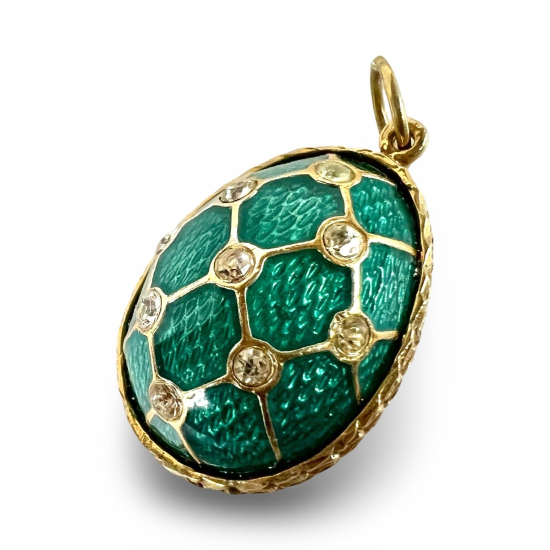 Russian Gilt Silver Guilloche Enamel Egg Pendant crystals emerald green c1900 (1 of 8)