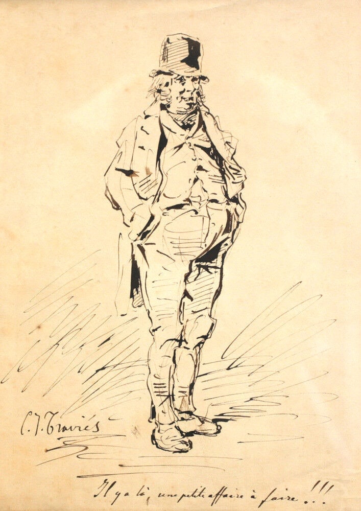 Charles Joseph Travies (Swiss 1804 – 1859) Original Pen & Ink drawing of a man: Charles Joseph Travies (Swiss 1804 – 1859) Original Pen & Ink drawing of a man in a jacket and hat. Signed and inscribed. Framed and glazed. 4Lbs Charles Joseph Travies de Villers known as Travies, 