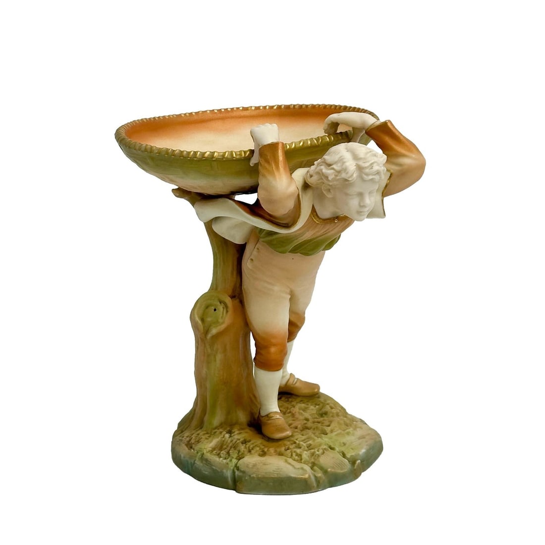 Royal Worcester England Boy with Basket Figural Porcelain Compote 1903: Royal Worcester England Porcelain Boy with Basket Figural Compote. Depicts a boy against a tree trunk supporting a basket. Underside with Royal Worcester marks, date code for 1903. Weight: Approx. 2 l