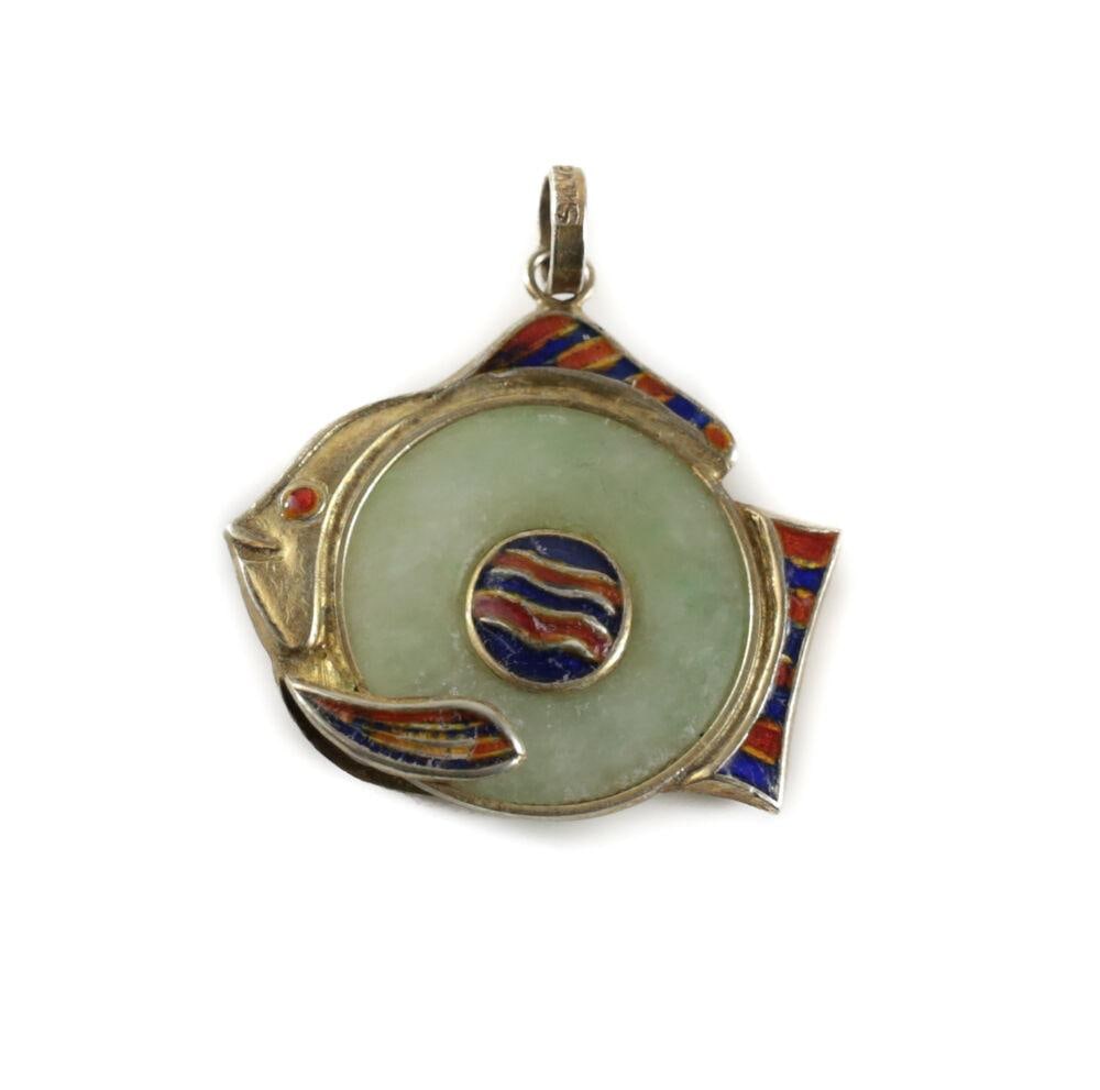 Vintage Chinese Gilt Sterling Silver Enamel Jadeite Fish Pendant Whimsical fish (1 of 3)
