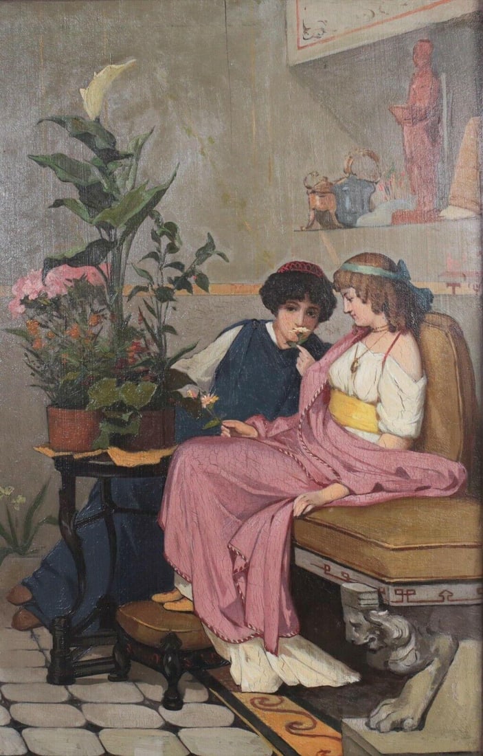 After Lawrence Alma-Tadema (1836-1912) Oil painting on panel, "Confidences": After Lawrence Alma-Tadema (1836-1912) Oil painting on panel, "Confidences". Early to mid century, Unsigned. In decorated and gilt wood frame. 4lb Measurements: Approx. painting 16 x 10.75 inches; fra