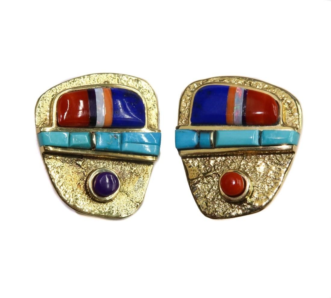 Wes Willie (Native American 20th C) 18k Yellow Gold Multi Gem Clip Earrings: Wes Willie (Native American 20th Century) 18k yellow gold and multi-gem clip on earrings. The gold with a nugget texture to face and comprising of various gems including turquoise, lapis lazuli, opal,